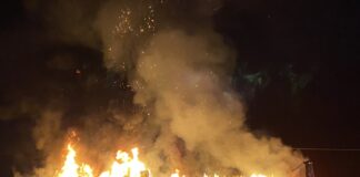 Two arrested after stolen semi catches fire